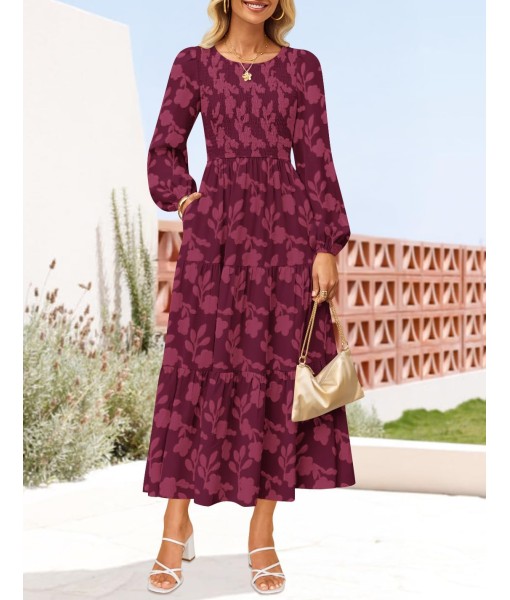 ZESICA Women's Fall Boho Floral Midi Dress 2025 Casual Long Sleeve Crewneck Flowy Wedding Guest Long Dresses