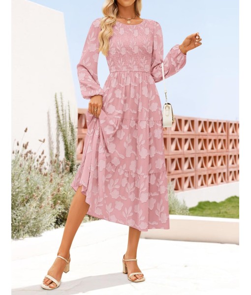 ZESICA Women's Fall Boho Floral Midi Dress 2025 Casual Long Sleeve Crewneck Flowy Wedding Guest Long Dresses