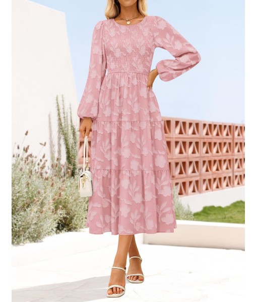 ZESICA Women's Fall Boho Floral Midi Dress 2025 Casual Long Sleeve Crewneck Flowy Wedding Guest Long Dresses