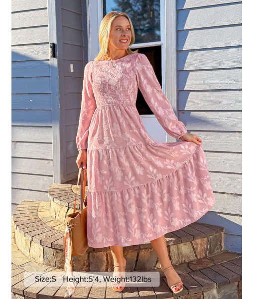 ZESICA Women's Fall Boho Floral Midi Dress 2025 Casual Long Sleeve Crewneck Flowy Wedding Guest Long Dresses