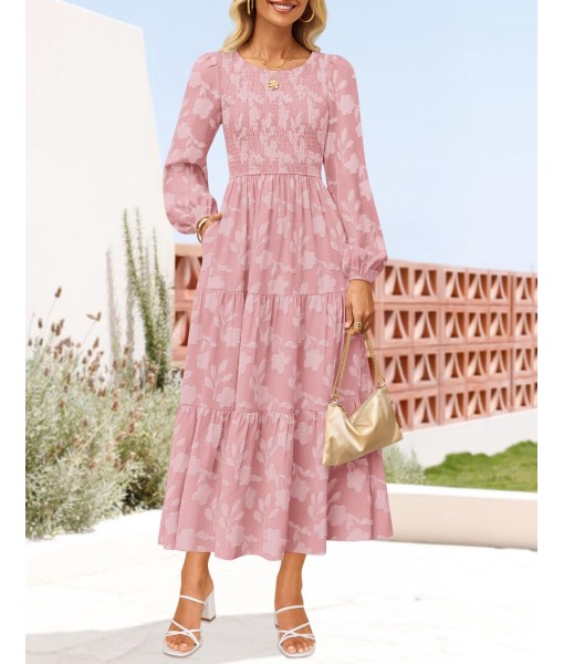 ZESICA Women's Fall Boho Floral Midi Dress 2025 Casual Long Sleeve Crewneck Flowy Wedding Guest Long Dresses