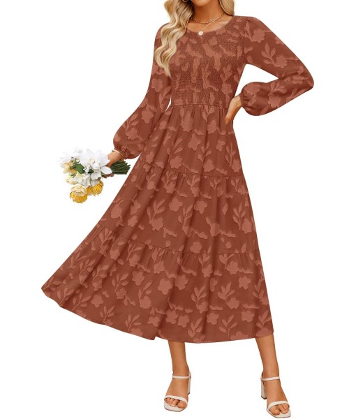 ZESICA Women's Fall Boho Floral Midi Dress 2025 Casual Long Sleeve Crewneck Flowy Wedding Guest Long Dresses