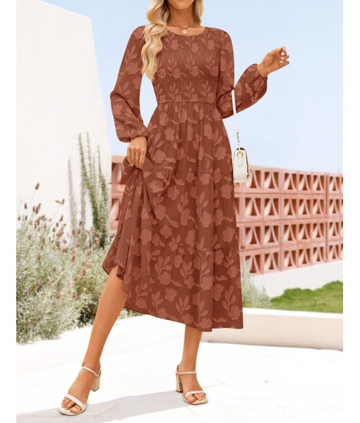 ZESICA Women's Fall Boho Floral Midi Dress 2025 Casual Long Sleeve Crewneck Flowy Wedding Guest Long Dresses