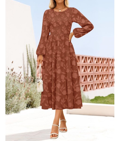 ZESICA Women's Fall Boho Floral Midi Dress 2025 Casual Long Sleeve Crewneck Flowy Wedding Guest Long Dresses