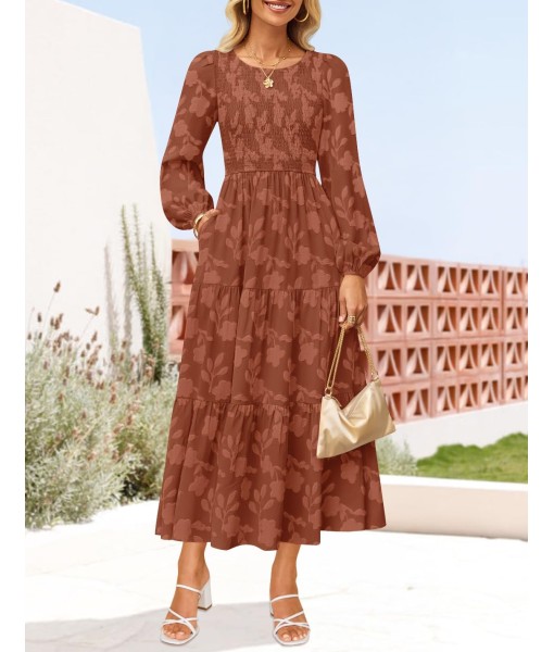 ZESICA Women's Fall Boho Floral Midi Dress 2025 Casual Long Sleeve Crewneck Flowy Wedding Guest Long Dresses