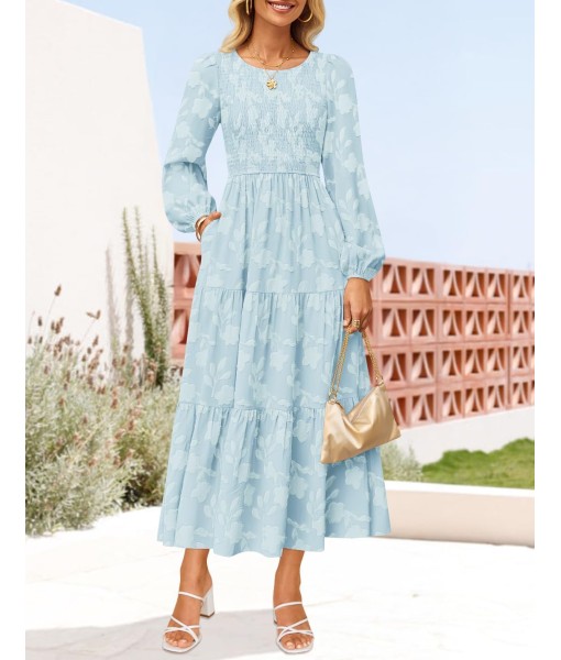 ZESICA Women's Fall Boho Floral Midi Dress 2025 Casual Long Sleeve Crewneck Flowy Wedding Guest Long Dresses