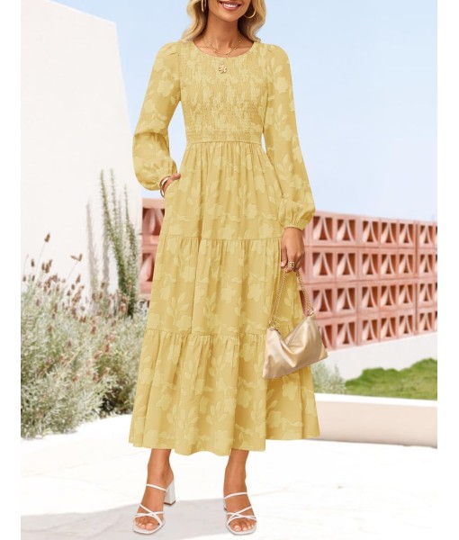 ZESICA Women's Fall Boho Floral Midi Dress 2025 Casual Long Sleeve Crewneck Flowy Wedding Guest Long Dresses