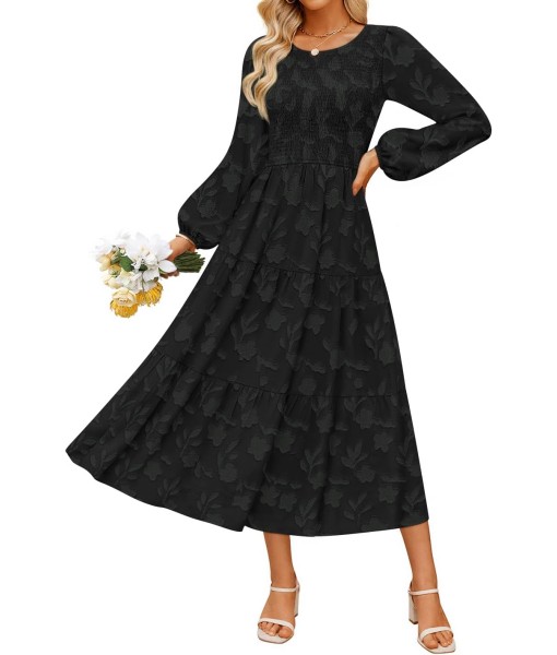 ZESICA Women's Fall Boho Floral Midi Dress 2025 Casual Long Sleeve Crewneck Flowy Wedding Guest Long Dresses