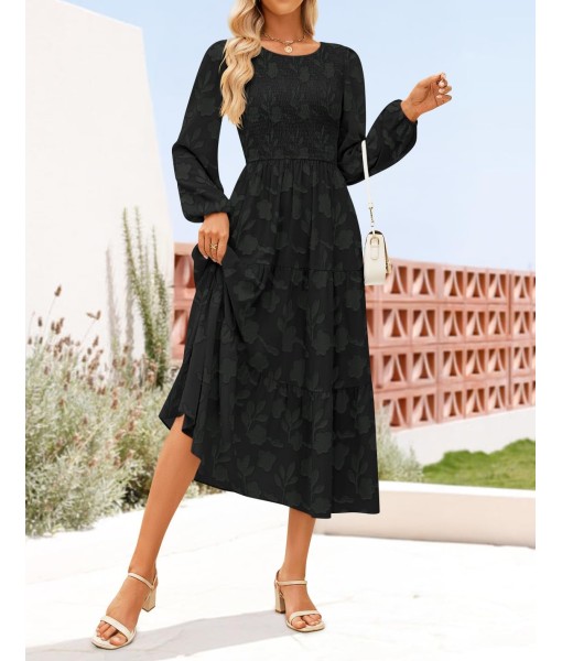 ZESICA Women's Fall Boho Floral Midi Dress 2025 Casual Long Sleeve Crewneck Flowy Wedding Guest Long Dresses