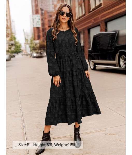 ZESICA Women's Fall Boho Floral Midi Dress 2025 Casual Long Sleeve Crewneck Flowy Wedding Guest Long Dresses