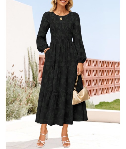 ZESICA Women's Fall Boho Floral Midi Dress 2025 Casual Long Sleeve Crewneck Flowy Wedding Guest Long Dresses