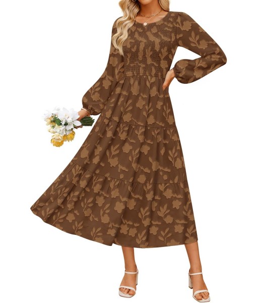 ZESICA Women's Fall Boho Floral Midi Dress 2025 Casual Long Sleeve Crewneck Flowy Wedding Guest Long Dresses