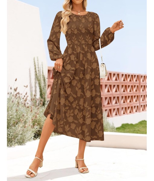 ZESICA Women's Fall Boho Floral Midi Dress 2025 Casual Long Sleeve Crewneck Flowy Wedding Guest Long Dresses