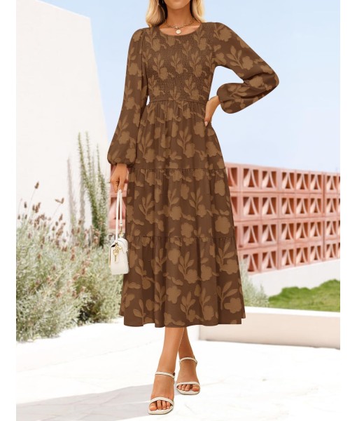 ZESICA Women's Fall Boho Floral Midi Dress 2025 Casual Long Sleeve Crewneck Flowy Wedding Guest Long Dresses