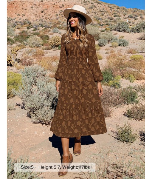 ZESICA Women's Fall Boho Floral Midi Dress 2025 Casual Long Sleeve Crewneck Flowy Wedding Guest Long Dresses