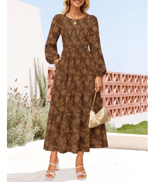 ZESICA Women's Fall Boho Floral Midi Dress 2025 Casual Long Sleeve Crewneck Flowy Wedding Guest Long Dresses