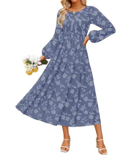 ZESICA Women's Fall Boho Floral Midi Dress 2025 Casual Long Sleeve Crewneck Flowy Wedding Guest Long Dresses