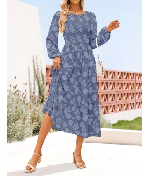 ZESICA Women's Fall Boho Floral Midi Dress 2025 Casual Long Sleeve Crewneck Flowy Wedding Guest Long Dresses