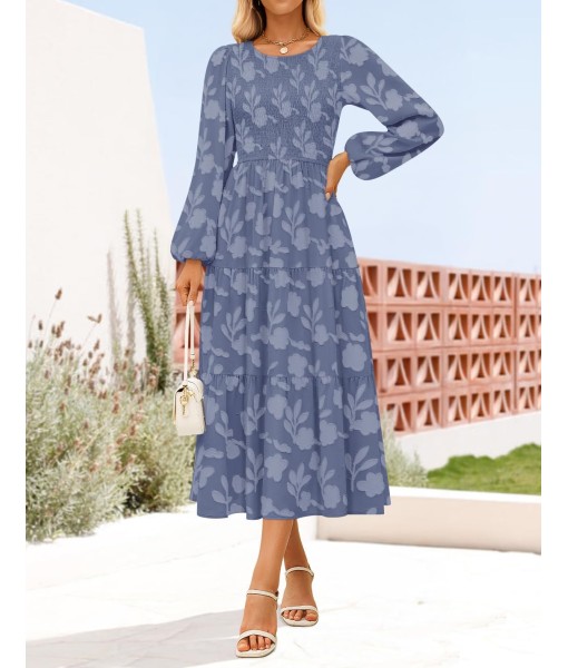 ZESICA Women's Fall Boho Floral Midi Dress 2025 Casual Long Sleeve Crewneck Flowy Wedding Guest Long Dresses