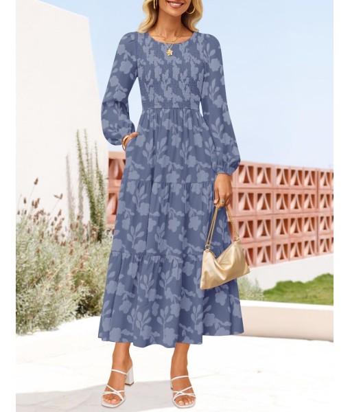 ZESICA Women's Fall Boho Floral Midi Dress 2025 Casual Long Sleeve Crewneck Flowy Wedding Guest Long Dresses