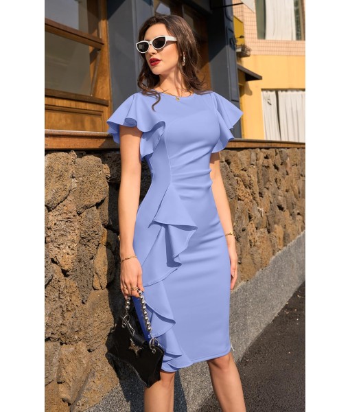Memoriesea Women's Vintage Church Ruffle Sleeve Ruched Bodycon Work Midi Pencil Dress