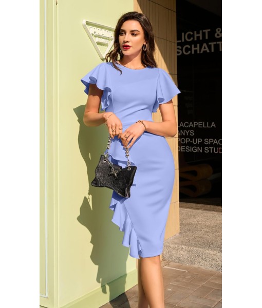 Memoriesea Women's Vintage Church Ruffle Sleeve Ruched Bodycon Work Midi Pencil Dress