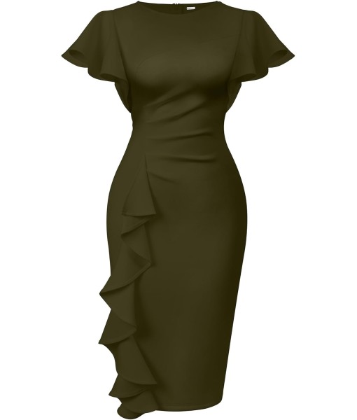 Memoriesea Women's Vintage Church Ruffle Sleeve Ruched Bodycon Work Midi Pencil Dress