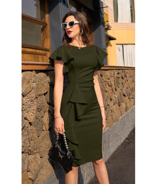 Memoriesea Women's Vintage Church Ruffle Sleeve Ruched Bodycon Work Midi Pencil Dress