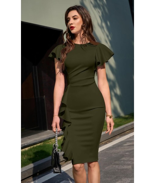 Memoriesea Women's Vintage Church Ruffle Sleeve Ruched Bodycon Work Midi Pencil Dress