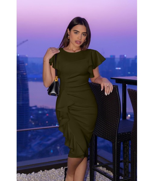 Memoriesea Women's Vintage Church Ruffle Sleeve Ruched Bodycon Work Midi Pencil Dress