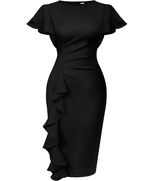 Memoriesea Women's Vintage Church Ruffle Sleeve Ruched Bodycon Work Midi Pencil Dress