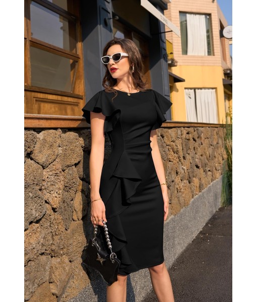 Memoriesea Women's Vintage Church Ruffle Sleeve Ruched Bodycon Work Midi Pencil Dress