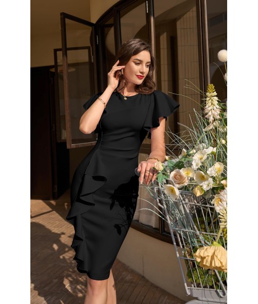 Memoriesea Women's Vintage Church Ruffle Sleeve Ruched Bodycon Work Midi Pencil Dress