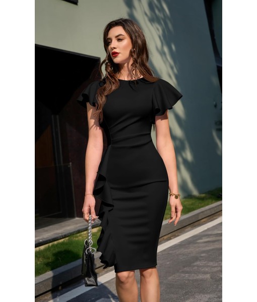Memoriesea Women's Vintage Church Ruffle Sleeve Ruched Bodycon Work Midi Pencil Dress