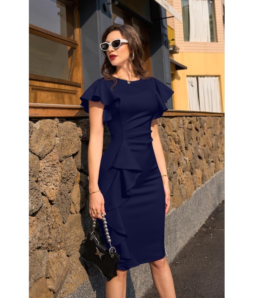 Memoriesea Women's Vintage Church Ruffle Sleeve Ruched Bodycon Work Midi Pencil Dress