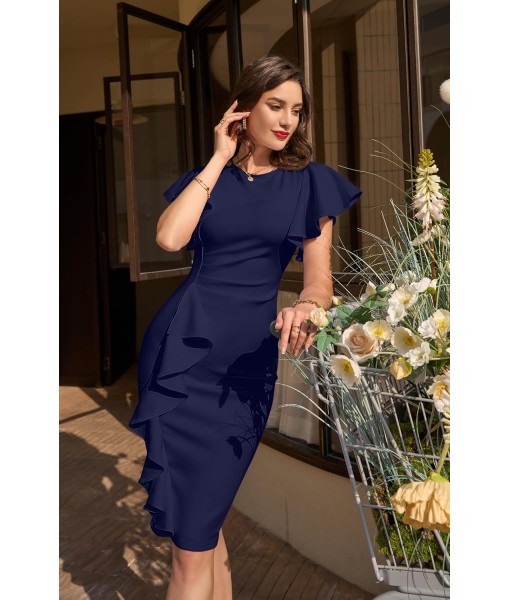 Memoriesea Women's Vintage Church Ruffle Sleeve Ruched Bodycon Work Midi Pencil Dress