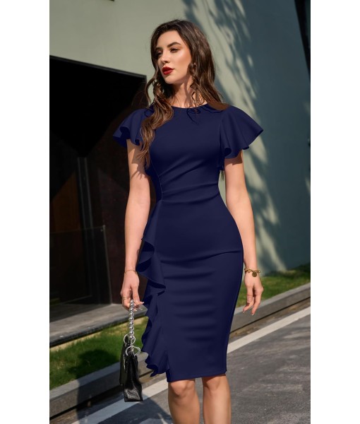 Memoriesea Women's Vintage Church Ruffle Sleeve Ruched Bodycon Work Midi Pencil Dress
