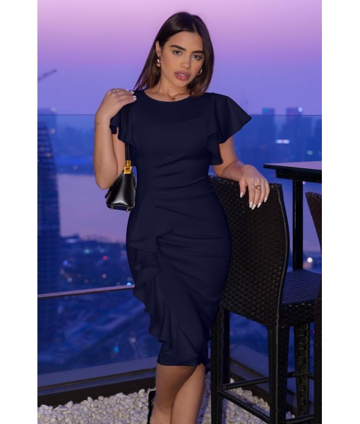Memoriesea Women's Vintage Church Ruffle Sleeve Ruched Bodycon Work Midi Pencil Dress