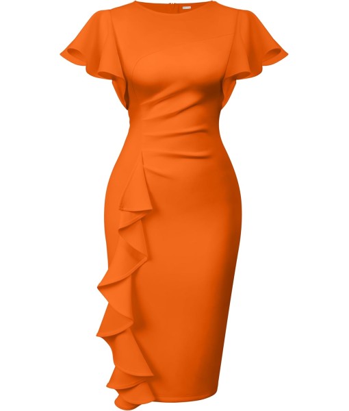 Memoriesea Women's Vintage Church Ruffle Sleeve Ruched Bodycon Work Midi Pencil Dress