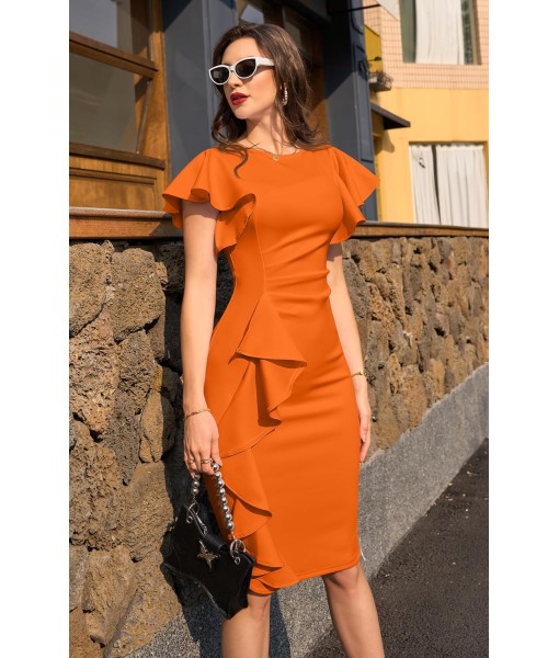 Memoriesea Women's Vintage Church Ruffle Sleeve Ruched Bodycon Work Midi Pencil Dress