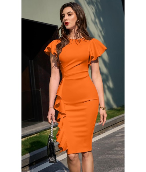 Memoriesea Women's Vintage Church Ruffle Sleeve Ruched Bodycon Work Midi Pencil Dress