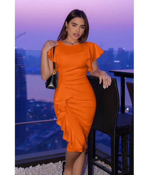 Memoriesea Women's Vintage Church Ruffle Sleeve Ruched Bodycon Work Midi Pencil Dress
