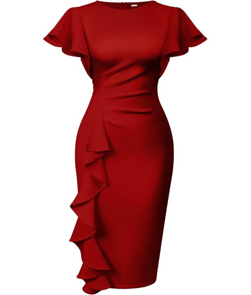 Memoriesea Women's Vintage Church Ruffle Sleeve Ruched Bodycon Work Midi Pencil Dress