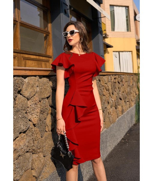 Memoriesea Women's Vintage Church Ruffle Sleeve Ruched Bodycon Work Midi Pencil Dress