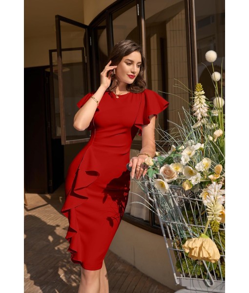 Memoriesea Women's Vintage Church Ruffle Sleeve Ruched Bodycon Work Midi Pencil Dress