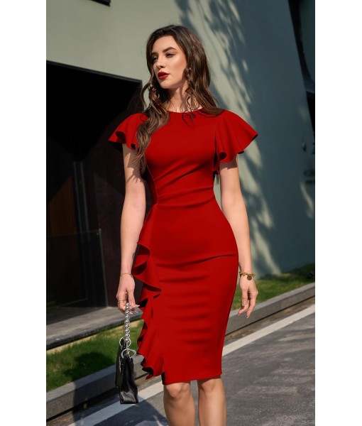 Memoriesea Women's Vintage Church Ruffle Sleeve Ruched Bodycon Work Midi Pencil Dress