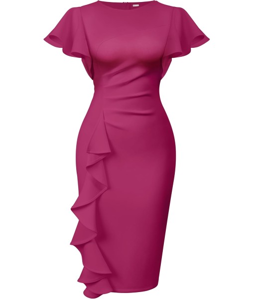 Memoriesea Women's Vintage Church Ruffle Sleeve Ruched Bodycon Work Midi Pencil Dress