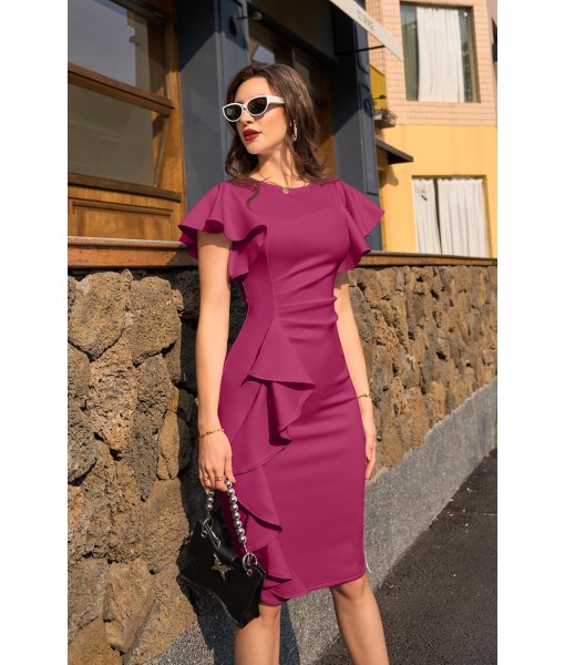 Memoriesea Women's Vintage Church Ruffle Sleeve Ruched Bodycon Work Midi Pencil Dress
