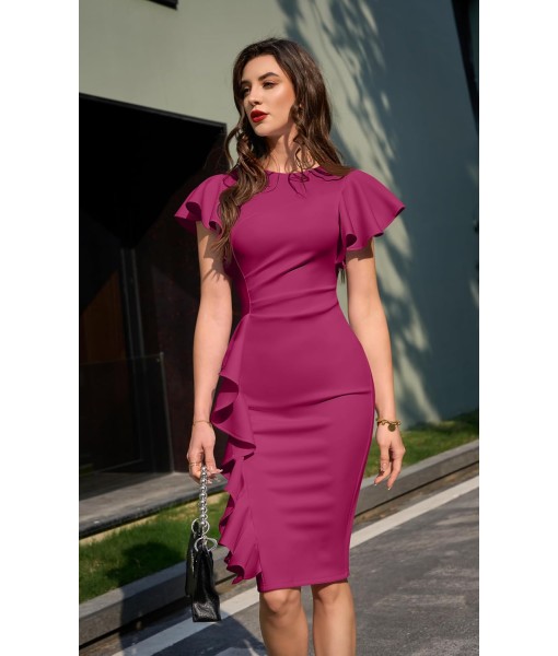 Memoriesea Women's Vintage Church Ruffle Sleeve Ruched Bodycon Work Midi Pencil Dress