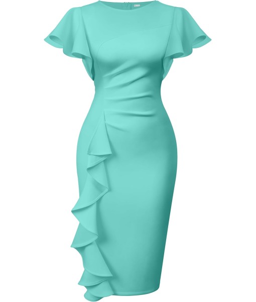 Memoriesea Women's Vintage Church Ruffle Sleeve Ruched Bodycon Work Midi Pencil Dress